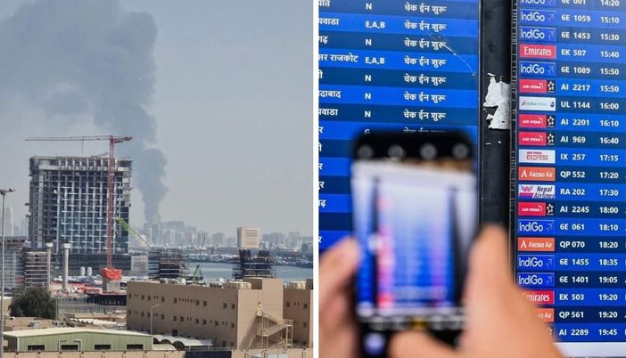 La foto del fumo sopra Dubai dalla nave e a lato un'immagine Adnkronos in aeroporto