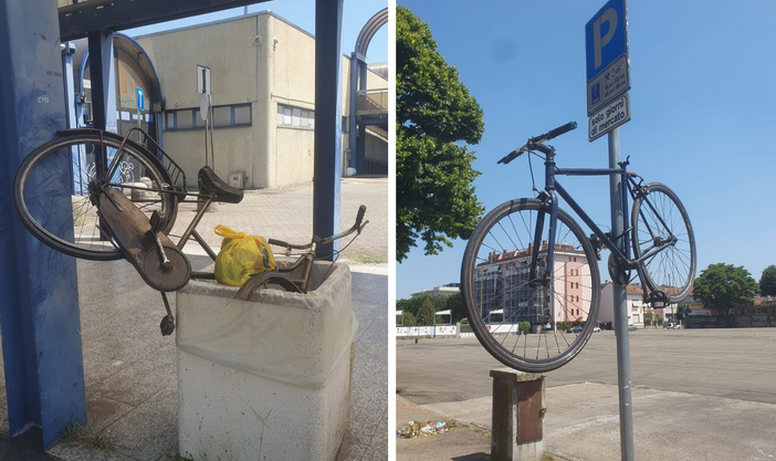 Infilata nell’immondizia o volante. Gli strani “parcheggi” delle biciclette a Busto