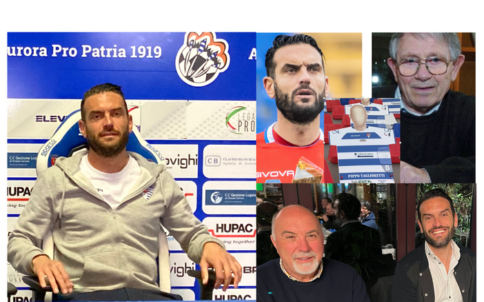Riccardo Colombo, a destra affiancato al mitico Pippo Taglioretti, sotto con il ds Turotti alla festa di compleanno della Pro