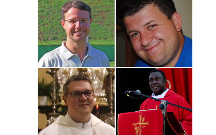 In senso orario: don Simone Chiarion, don Alessandro Metre, don Bangaly Marra, don Simone Seppi (foto archivio, facebook, madonnadellaselva.net, facebook) In senso orario: don Simone Chiarion, don Alessandro Metre, don Bangaly Marra, don Simone Seppi (foto archivio, facebook, madonnadellaselva.net, facebook)