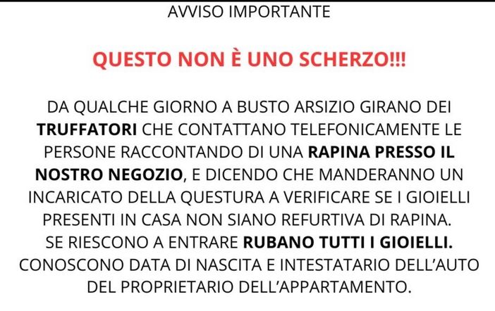 Truffatori telefonano a potenziali vittime raccontando di una falsa rapina da Ceccuzzi: «Siamo della Questura, dobbiamo verificare i suoi gioielli»