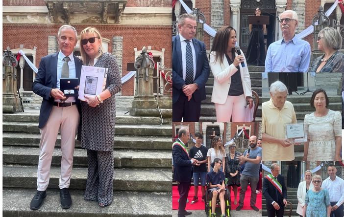 A sinistra Riccardo e Paola Comerio; a destra in alto Mauro e Cinzia Ghisellini con Antonio Tosi, sotto Maria Iannone e ancora Silvana Marangoni e i ragazzi dell'Isis