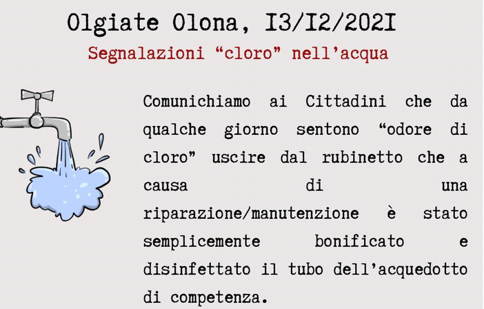 Olgiate, odore di cloro dai rubinetti: «Nessun allarme, è stato disinfettato un tubo»