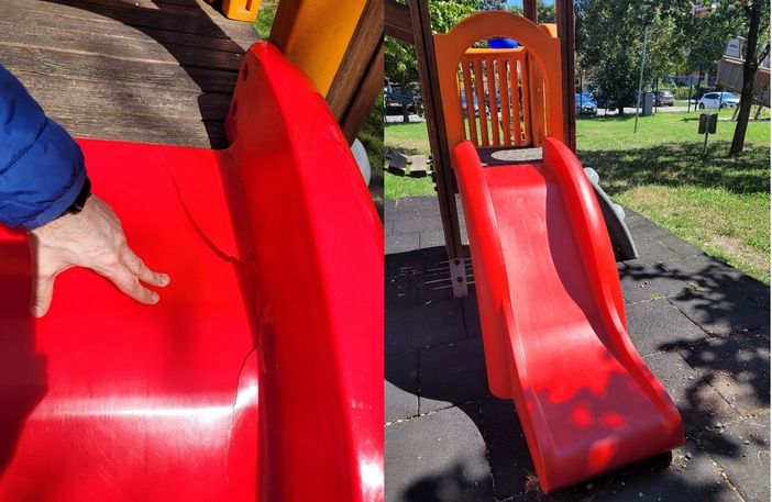 Scivolo e casetta prima e dopo l'intervento di ripristino