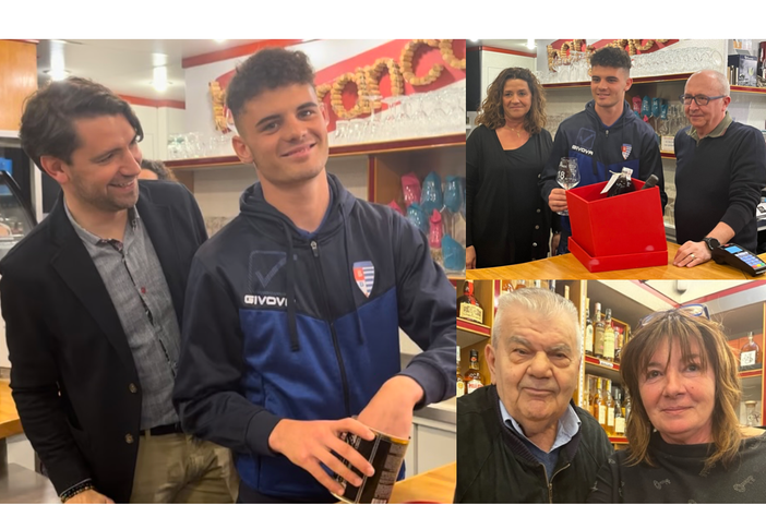 Leonardo Piran mentre estrae il tifoso vincente e viene premiato al bar Franco come tigrotto del mese; la presidente Patrizia Testa con Andrea Gambertoglio
