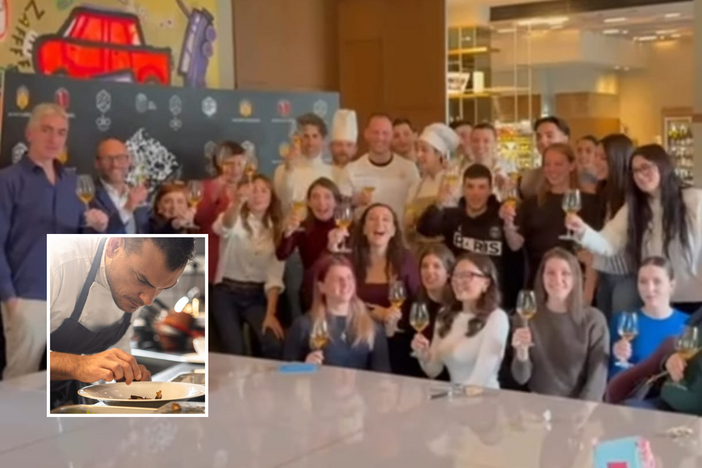 La festa a "Olio" e, nel riquadro chef Andrea Marinelli (foto profilo instagram @ristoranteolio) La festa a "Olio" e, nel riquadro chef Andrea Marinelli (foto profilo instagram @ristoranteolio)