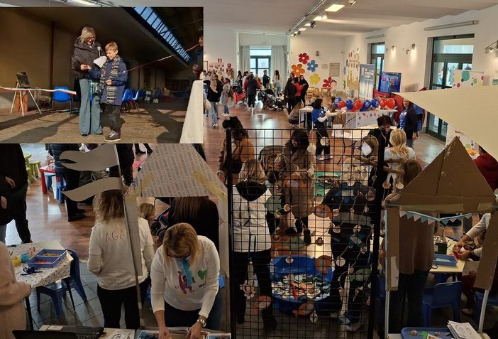 Una delle sale con gli stand e, nel riquadro, il taglio del nastro con l'assessore Chiara Colombo e un giovane partecipante Una delle sale con gli stand e, nel riquadro, il taglio del nastro con l'assessore Chiara Colombo e un giovane partecipante