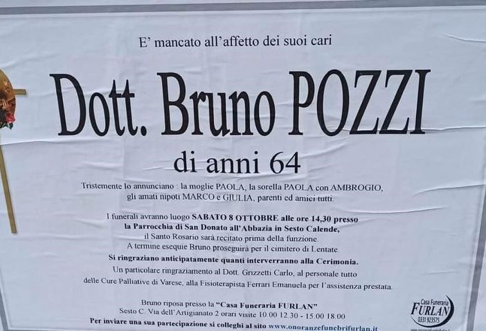 Il necrologio che annuncia la scomparsa del dottor Bruno Pozzi