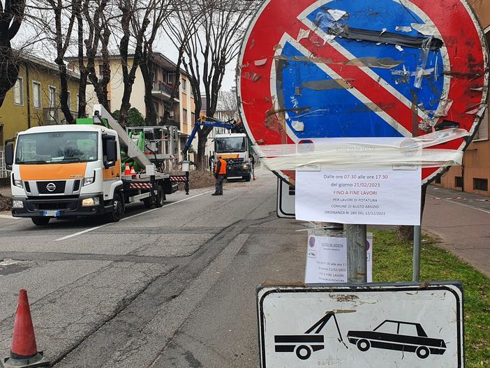 L'intervento di potatura in via Cadore
