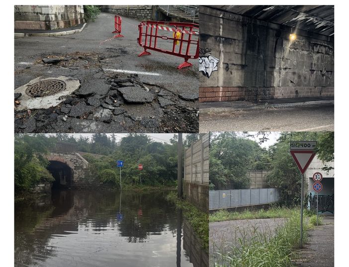 In alto, corso XX Settembre: manto &quot;saltato&quot; e infiltrazioni dall'alto. Sotto il ponticello allagato e il vicino sottopasso della salvezza