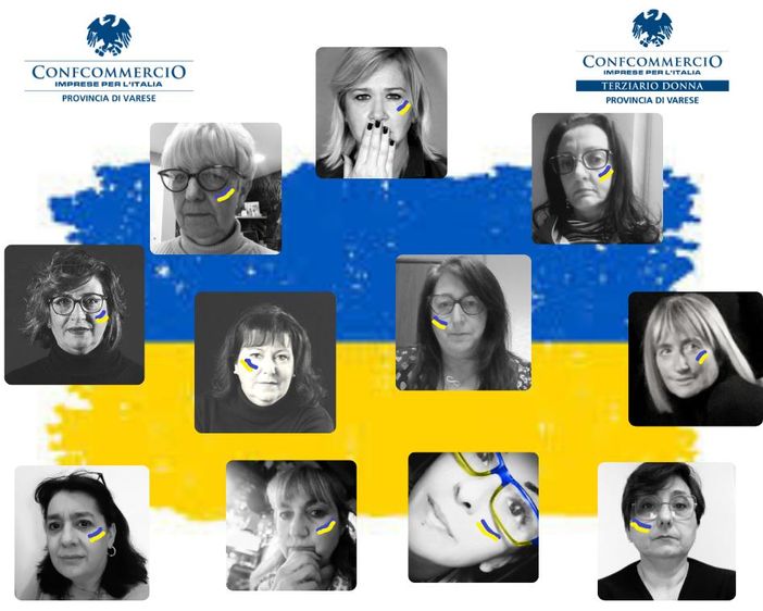 Le consigliere di Terziario Donna della provincia di Varese con la bandiera ucraina disegnata sul viso