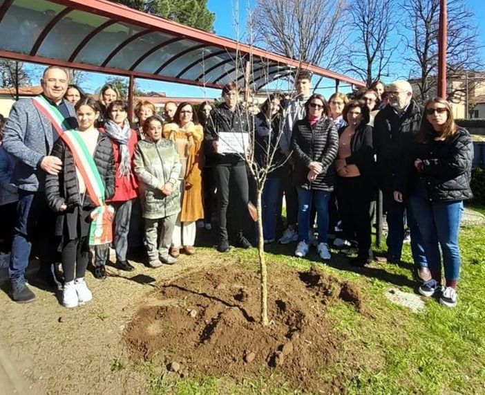 FOTO. Tutta Daverio ricorda la maestra Milena piantando un melograno: «Simbolo della vita e della natura che tanto amava»