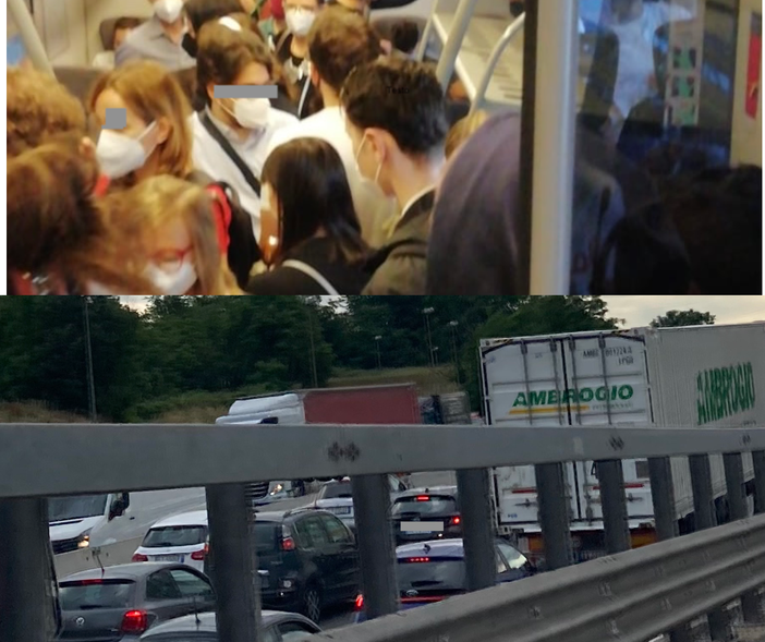 La folla su un treno ieri proveniente da Busto e fermo a Porta Garibaldi e la coda a Castellanza in Autolaghi. Sotto l'8.22 oggi a Castellanza, poi Rescaldina e Saronno