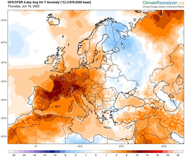 La cartina postata da Gianluca Bertoni in cui si nota l'anomalia dei 10 gradi in più rispetto alla media che durerà ancora per giorni