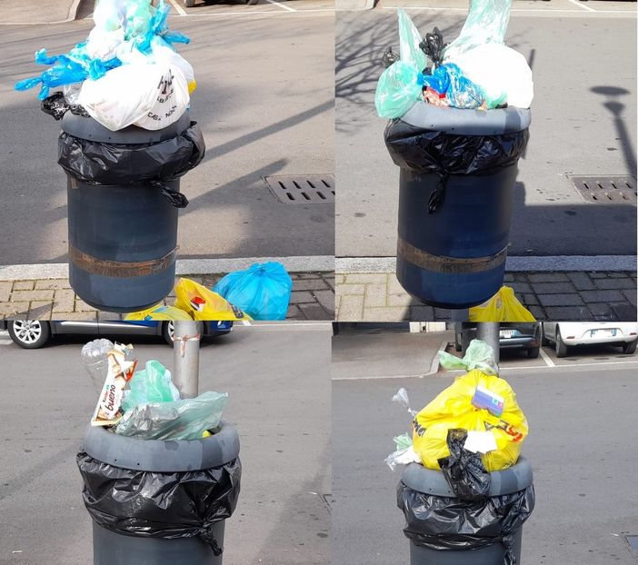 Lo stato di un cestino in piazza San Donato, a Sacconago, in quattro domeniche consecutive