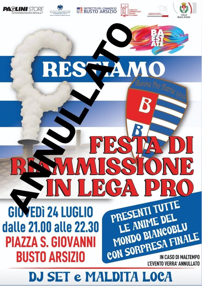 Pro Patria, la festa per la riammissione in piazza rinviata