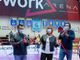 Giuseppe Pirola con Paolo Ferrario, presidente di e-work spa, e l'assessore allo sport allo sport di Busto Arsizio Laura Rogora durante l'inaugurazione della e-work arena