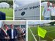 Claudio Milanese, patron della Solbiatese, all'inaugurazione del nuovo centro sportivo di Solbiate Arno, il taglio del nastro con il sindaco Battiston e il vice presidente del consiglio regionale Cosentino, i giocatori della Solbiatese Scapinello, Mondoni e Torraco sui nuovi campi e il pallone con i 3 campi da padel