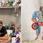 Samuele Labanca con i suoi giochi e il suo disegno di Capitan America