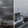 Nelle immagini dell'esperto e fotografo Gianluca Bertoni il passaggio della &quot;shelf cloud&quot; o nube a forma di mensola che ha quasi lambito i tetti delle case a Varese e il risveglio innevato di questa mattina allo Stelvio