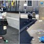 A sinistra l'area del cestino oggi, a destra due immagini del giugno 2024