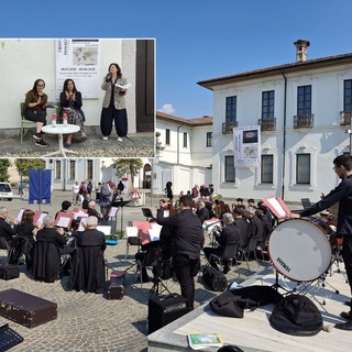 Esordio in musica davanti a palazzo Marliani Cicogna per BA Book. Nel riquadro, da sinistra, Samanta Cornaviera, Anna Prandoni, Manuela Maffioli