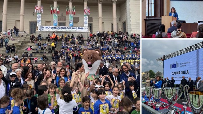 Claudia Colli in tre momenti delle celebrazioni per la &quot;Festa dell'Europa&quot;