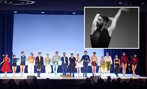 Ballerini sul palco del Teatro Sociale per il Gala Internazionale della Danza. Nel riquadro Marco Palamone
