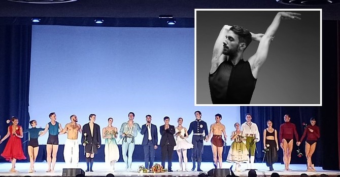 Ballerini sul palco del Teatro Sociale per il Gala Internazionale della Danza. Nel riquadro Marco Palamone
