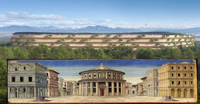 Il rendering con il Grande ospedale della Malpensa e La citta ideale, attribuita alla scuola di Piero della Francesca (foto wikimedia commons) Il rendering con il Grande ospedale della Malpensa e La citta ideale, attribuita alla scuola di Piero della Francesca (foto wikimedia commons)