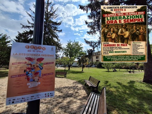 Il Bosco San Giuseppe di via Galvani con la locandina della festa in programma il 25 Aprile, nel riquadro quella di Tamburi di Pace