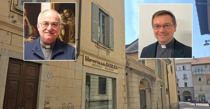 La libreria della Basilica, a pochi passi da San Giovanni. Nei riquadri, monsignor Severino Pagani e don Stefano Guidi (foto dal sito della Chiesa di Milano) La libreria della Basilica, a pochi passi da San Giovanni. Nei riquadri, monsignor Severino Pagani e don Stefano Guidi (foto dal sito della Chiesa di Milano)
