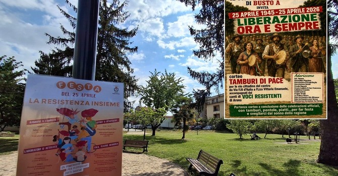 Il Bosco San Giuseppe di via Galvani con la locandina della festa in programma il 25 Aprile, nel riquadro quella di Tamburi di Pace
