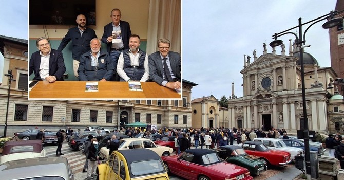 Una precedente edizione con le auto schierate davanti a San Giovanni. Nel riquadro, la presentazione della prossima edizione, in programma il 12 aprile