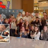 La festa a &quot;Olio&quot; e, nel riquadro chef Andrea Marinelli (foto profilo instagram @ristoranteolio)