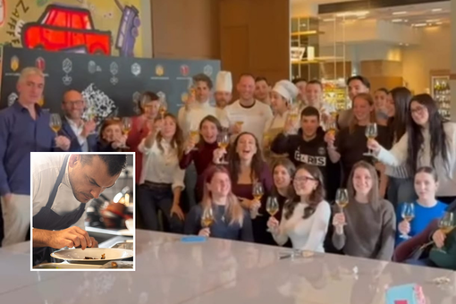 La festa a &quot;Olio&quot; e, nel riquadro chef Andrea Marinelli (foto profilo instagram @ristoranteolio)