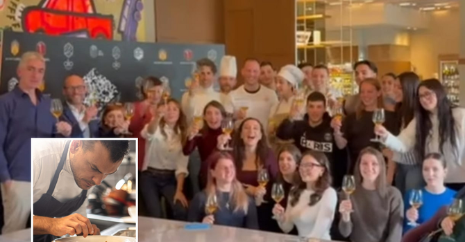 La festa a &quot;Olio&quot; e, nel riquadro chef Andrea Marinelli (foto profilo instagram @ristoranteolio)