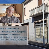 Sulla destra il negozio chiuso a Sacconago, nei riquadri Mario Bruno e un sacchetto della panetteria che ha abbassato per sempre la cler Sulla destra il negozio chiuso a Sacconago, nei riquadri Mario Bruno e un sacchetto della panetteria che ha abbassato per sempre la cler