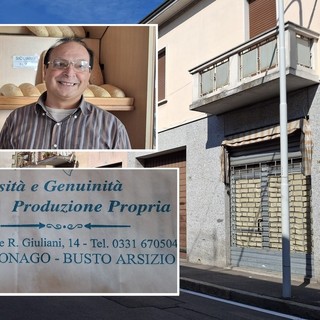 Sulla destra il negozio chiuso a Sacconago, nei riquadri Mario Bruno e un sacchetto della panetteria che ha abbassato per sempre la cler