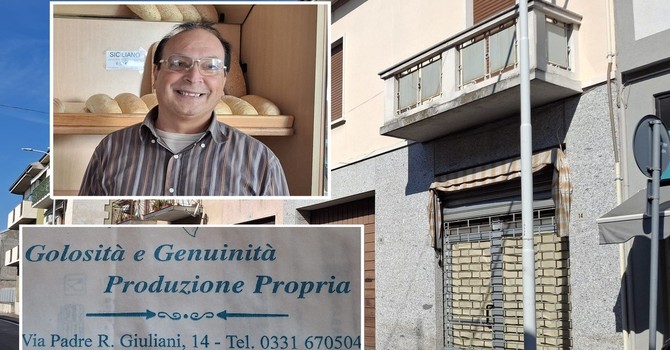 Sulla destra il negozio chiuso a Sacconago, nei riquadri Mario Bruno e un sacchetto della panetteria che ha abbassato per sempre la cler Sulla destra il negozio chiuso a Sacconago, nei riquadri Mario Bruno e un sacchetto della panetteria che ha abbassato per sempre la cler