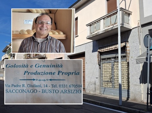 Sulla destra il negozio chiuso a Sacconago, nei riquadri Mario Bruno e un sacchetto della panetteria che ha abbassato per sempre la cler Sulla destra il negozio chiuso a Sacconago, nei riquadri Mario Bruno e un sacchetto della panetteria che ha abbassato per sempre la cler