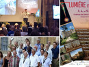 In alto a sinistra il &quot;nostro&quot; Filippo Fagnani sul palco dell'evento Lumiére et Laser. Sotto una foto di gruppo dei relatori e a fianco la locandina del convegno
