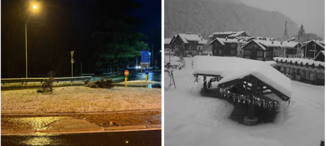 A sinistra la foto postata questa mattina dall'esperto Gianluca Bertoni con la neve che è nuovamente riapparsa nelle valli a nord di Varese e a destra (oltreché sotto in gallery) come si presenta al risveglio oggi Macugnaga