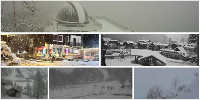 In cima l'osservatorio di Campo dei Fiori sotto la neve, poi due foto di Macugnaga innevata ieri sera (foto Giuliana Colombo Canavesi da Macugnaga.net) e questa mattina (webcam), quindi due immagini dall'Alpe Devero (webcam)