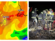A destra: la situazione di questa notte registrata dal radar di Meteo Swiss. A destra: vigili del fuoco al lavoro nel Comasco
