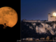 Un collage di due meraviglie: a sinistra la Superluna dietro al santuario di Santa Maria del Monte a Varese, a destra dietro la Rocca di Angera