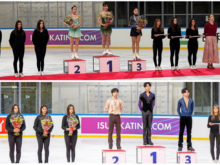 Il podio femminile, sopra, e quello maschile dopo il programma libero che conclude l'Isu Junior Grand Prix di Varese (Foto Galbiati)