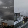 Nelle immagini dell'esperto e fotografo Gianluca Bertoni il passaggio della &quot;shelf cloud&quot; o nube a forma di mensola che ha quasi lambito i tetti delle case a Varese e il risveglio innevato di questa mattina allo Stelvio