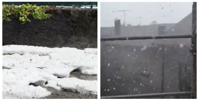 A destra: la grandine in strada a Laveno. A sinistra: i chicchi su Sangiano (dai video di NatualMeteo) A destra: la grandine in strada a Laveno. A sinistra: i chicchi su Sangiano (dai video di NatualMeteo)