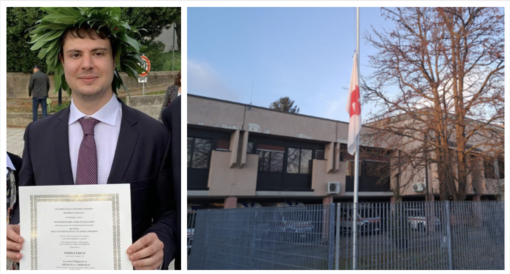 A sinistra: Il dottor Enrico Ferri nel giorno della sua laurea nel 2019. A fianco: la bandiera a mezz'asta alla sede della Cri del Medio Verbano A sinistra: Il dottor Enrico Ferri nel giorno della sua laurea nel 2019. A fianco: la bandiera a mezz'asta alla sede della Cri del Medio Verbano